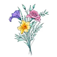 dainty fine line bouquet tattoo gladiolus, sweet pea, rose, daffodil with a little bit of color add purples pinks blues tattoo design idea