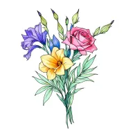 dainty fine line bouquet tattoo gladiolus, sweet pea, rose, daffodil with a little bit of color add purples pinks blues tattoo design idea