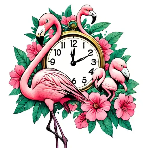 flamingo, 2 babies, pink flowers, clock, virgo tattoo design idea