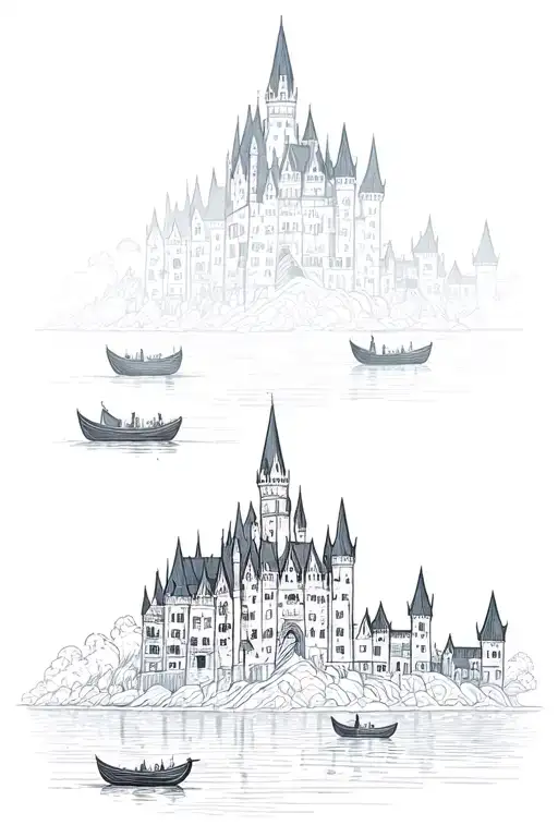 Hogwarts castle in detailed  fine linework on arm sleeveStudents arriving at Hogwarts across the lake in little boats  tattoo design idea