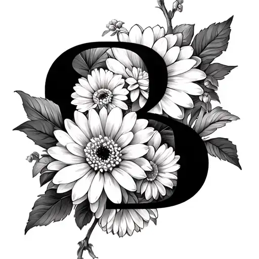 Black and white Japanese Chrysanthemums with letter B within  tattoo design idea