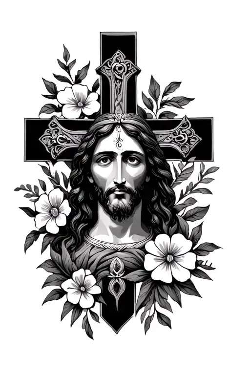 no colored cross with flowers and Jesus face surrounded for women dainty tattoo design idea
