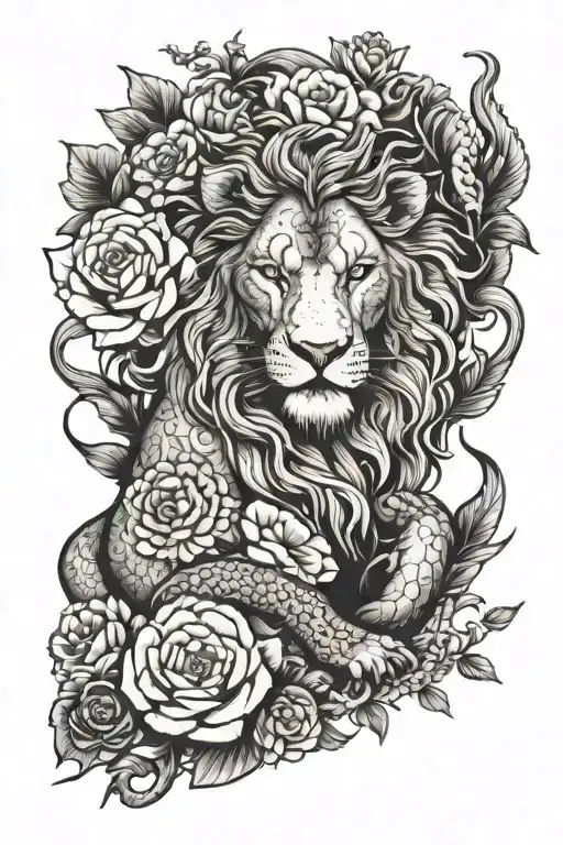 lion and dragon with flowers tattoo design idea