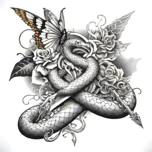 snake and sword with butterflies around it tattoo design idea