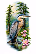 Flowing river, great blue heron, cypress trees, camelia flowers, river otter tattoo design idea