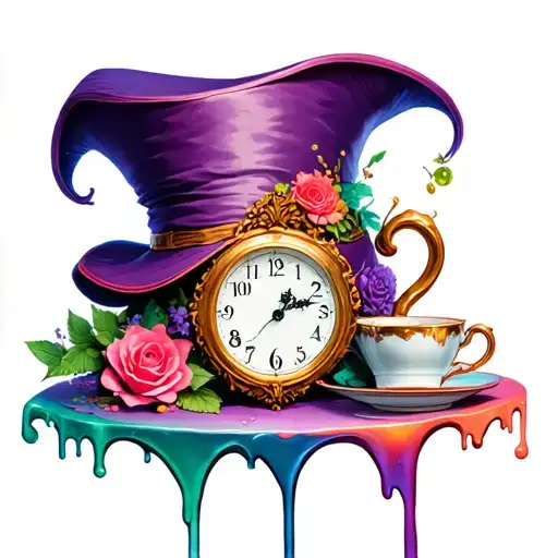 alice in wonderland mad hatter hat, tea cups, cards, melting clock tattoo design idea
