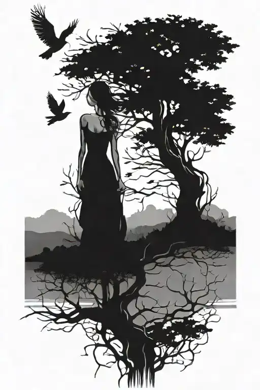 tree intertwined with woman standing, leaves falling and transforming into birds tattoo design idea