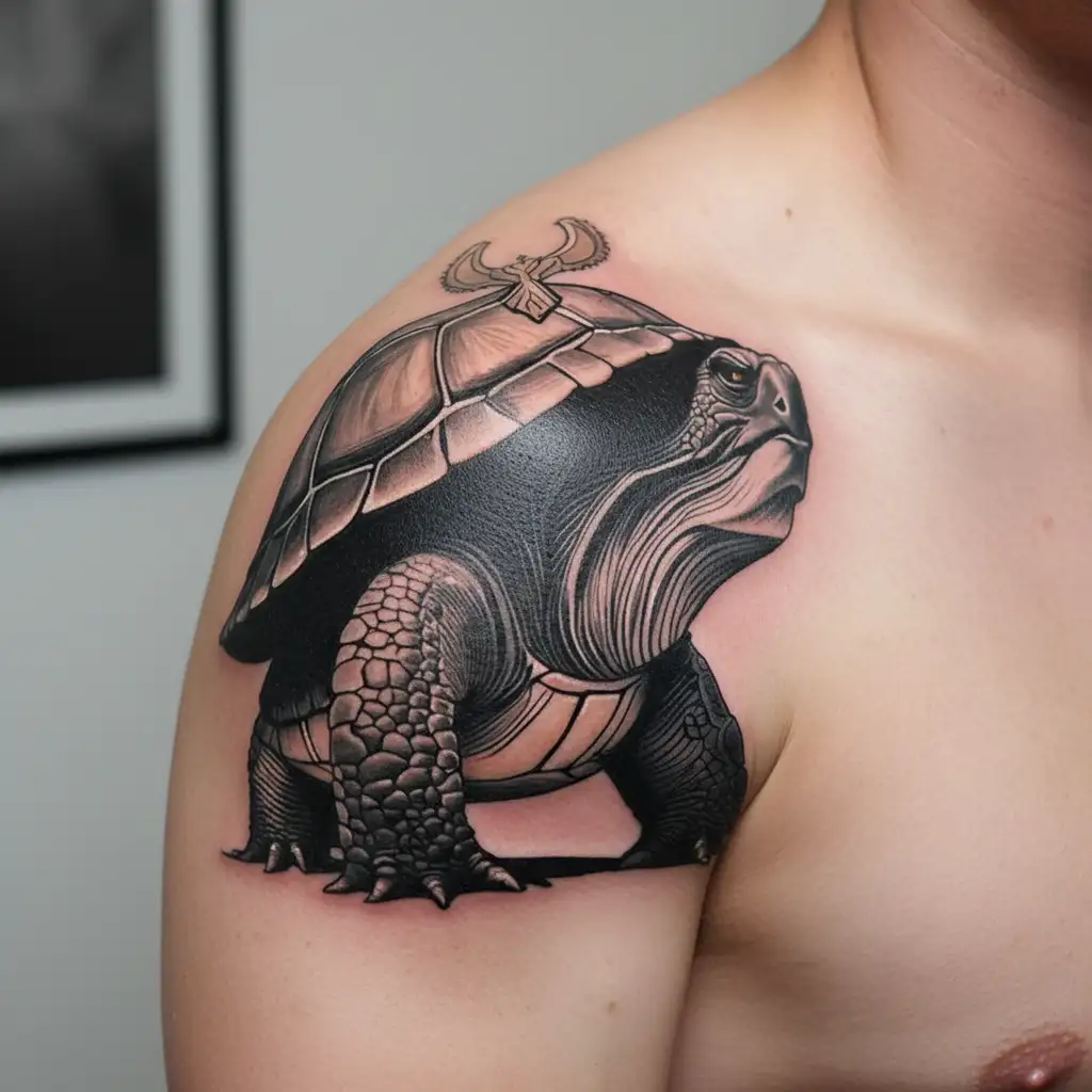 shellback turtle king Neptune looking over him tattoo design idea