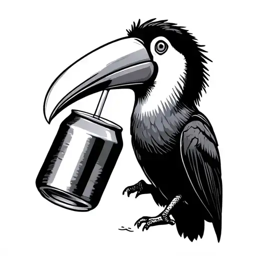 “A minimalist line art drawing of a toucan drinking from a soda can using a straw. tattoo design idea