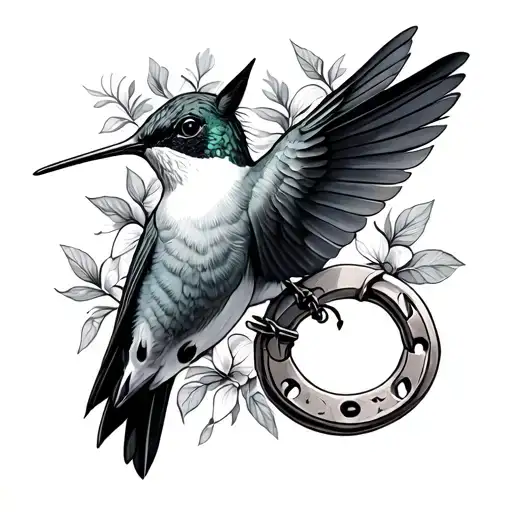 black and white. hummingbird with horse shoe tattoo design idea