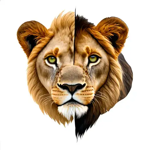 Half Lion face half lioness face. Happy Expression. Lion with Brown eye and lioness with Green eye. tattoo design idea