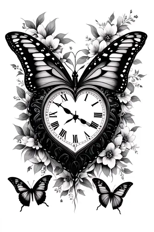 butterfly heart clock displaying 11 past 11 tattoo design idea