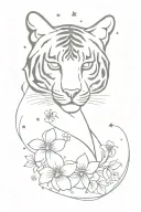 minimal half tiger's face with flowes and galaxy filled with stars tattoo design idea