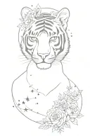minimal half tiger's face with flowes and galaxy filled with stars tattoo design idea