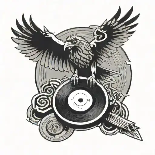 A black-grey tattoo of a sleek, stylized hawk perched on a vinyl record with anime-inspired symbols in the background tattoo design idea