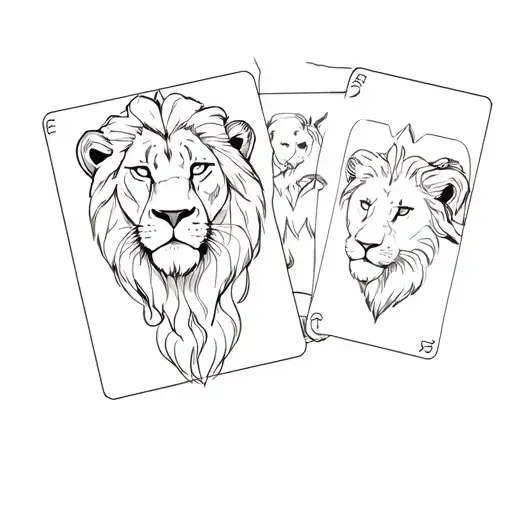 A sketch of a tattoo on a white background, h/b, contour. Portraits of the Lviv family: Leo, Lioness and 2 lion cards. competently located tattoo design idea