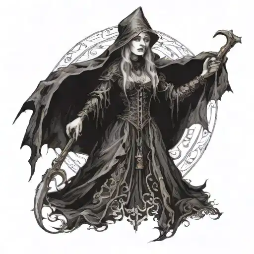 Composition: The central image is a powerful 15th century European witch, wearing dark Gothic-style clothing, combining  tattoo design idea
