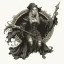 Composition: The central image is a powerful 15th century European witch, wearing dark Gothic-style clothing, combining  tattoo design idea