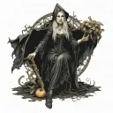 Composition: The central image is a powerful 15th century European witch, wearing dark Gothic-style clothing, combining  tattoo design idea