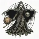 Composition: The central image is a powerful 15th century European witch, wearing dark Gothic-style clothing, combining  tattoo design idea