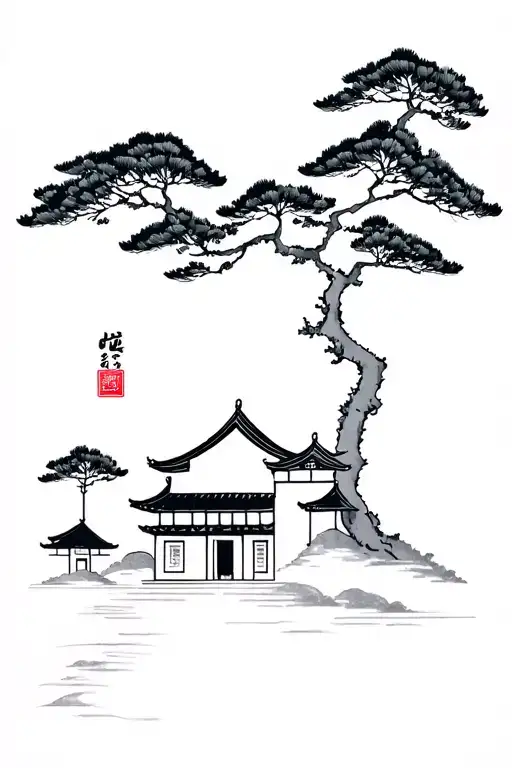 pine tree with Korean hanok traditional house tattoo design idea