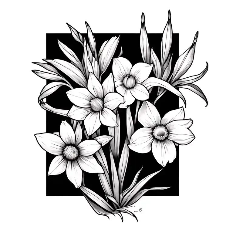 two flowering tall gladiolus and a daffodil, tied with a daisy chain tattoo design idea