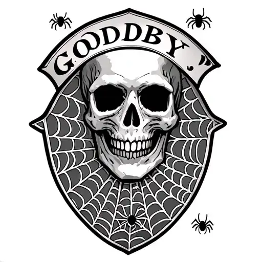 a planchette of a skull, saying the words goodbye along with spiderwebs with a few spiders. tattoo design idea