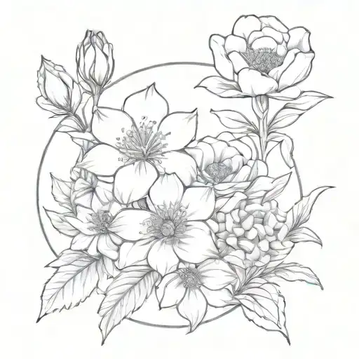 birth flower bouquet March may August tattoo design idea