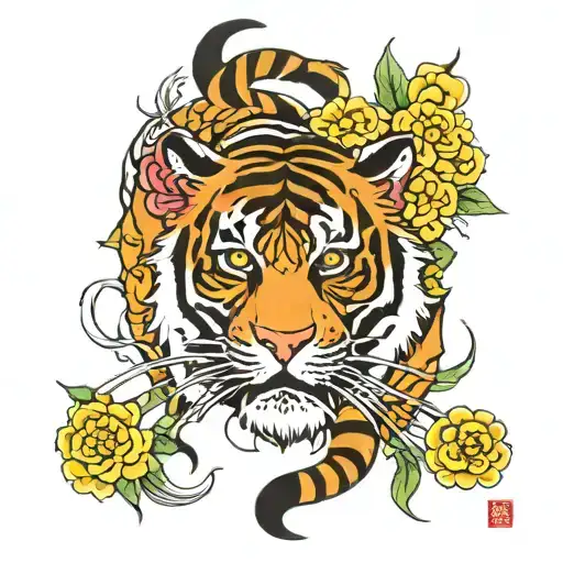 tiger flowers water tattoo design idea