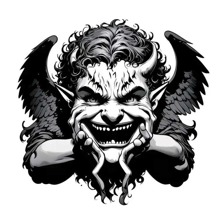 Crying angel holding a smiling demon mask tattoo design idea