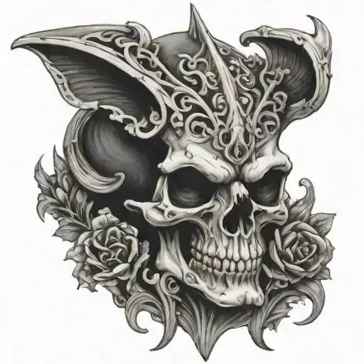 center skull with baroque dark gothic cathedral gargoyle  tattoo design idea