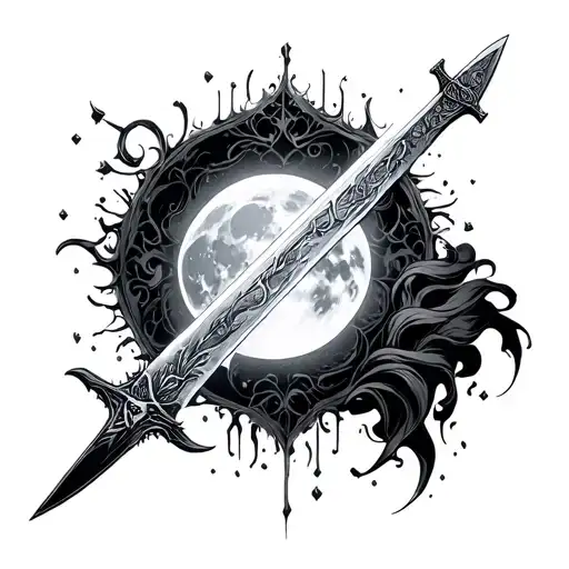 an arm sleve from elbow to end of wrist, bloodborne and gothic inspired, moonlight greatsword and essential elements tattoo design idea