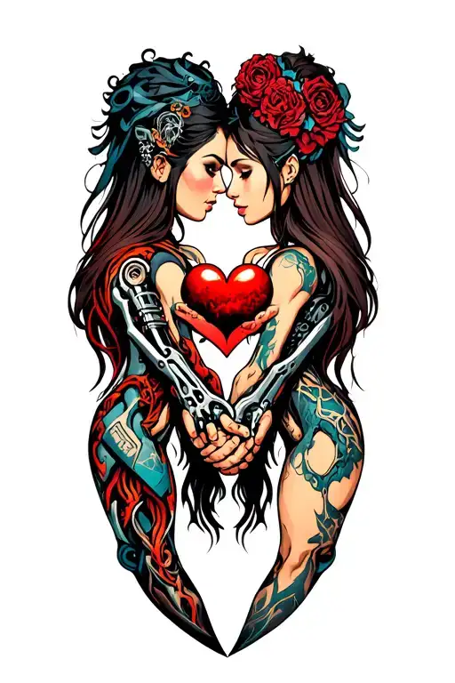 girls holding hands holding a heart tattoo design idea