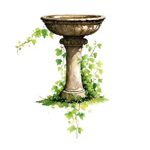 old bird bath with ivy growing tattoo design idea