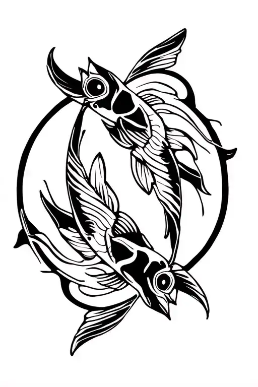 Tribal pisces tattoo design, two koi fish in circular formation, bold black lines, Polynesian style, symmetric,  tattoo design idea