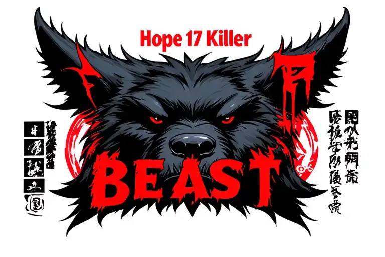 centered black werewolf head with "Hope 17 Killer" written above in red and the word "BEAST" written below tattoo design idea