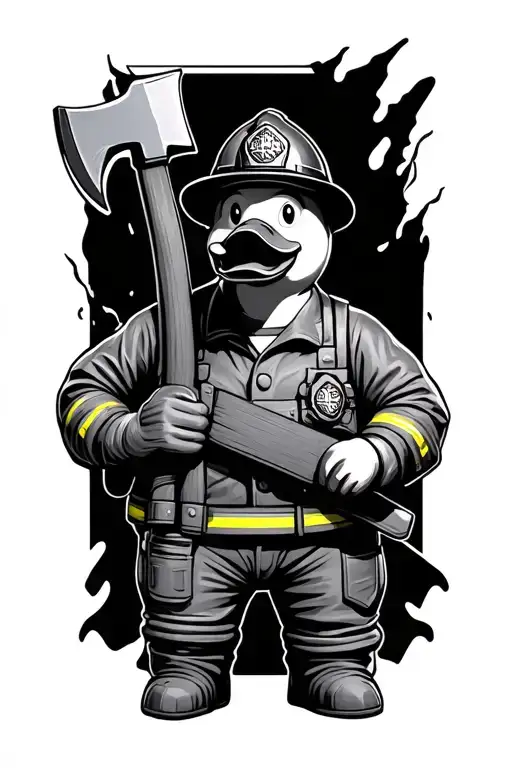 rubber duck fit firefighter holding axe tattoo design idea