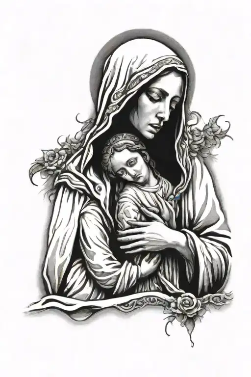 Draw me a picture of a face half of Virgin Mary and Jesus. With Virgin Mary with the veil over her face and Jesus with h tattoo design idea
