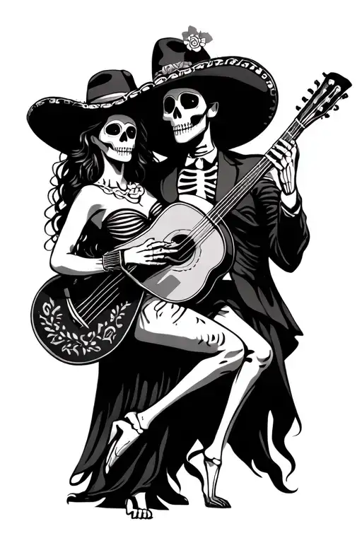 day of the dead realistic mariachi skeleton dancing with Mexican woman with sugar skull face paint tattoo design idea