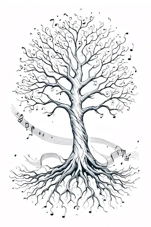Tree of Life surrounded with music notes flowing in a brush stroke style tattoo design idea