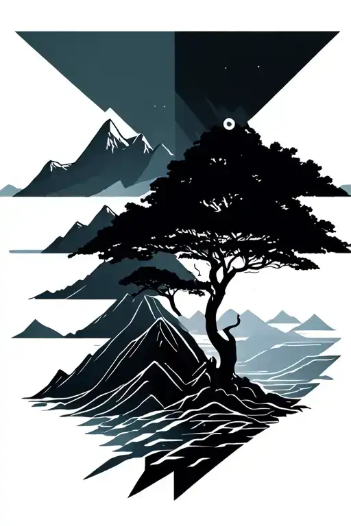 Ocean And Mountain with tree tattoo design idea