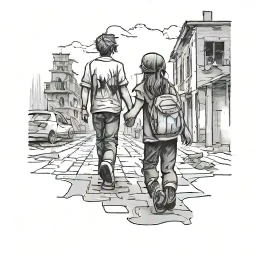 kids holding hands walking through a burned out city from far away  tattoo design idea