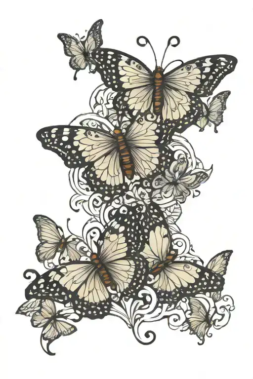 lace pattern intertwined with butterflies tattoo design idea