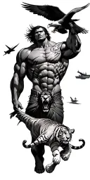 A titan overlooking a trojan fighting a tiger with an eagle flying by and a jet taking off from an aircraft carrier tattoo design idea