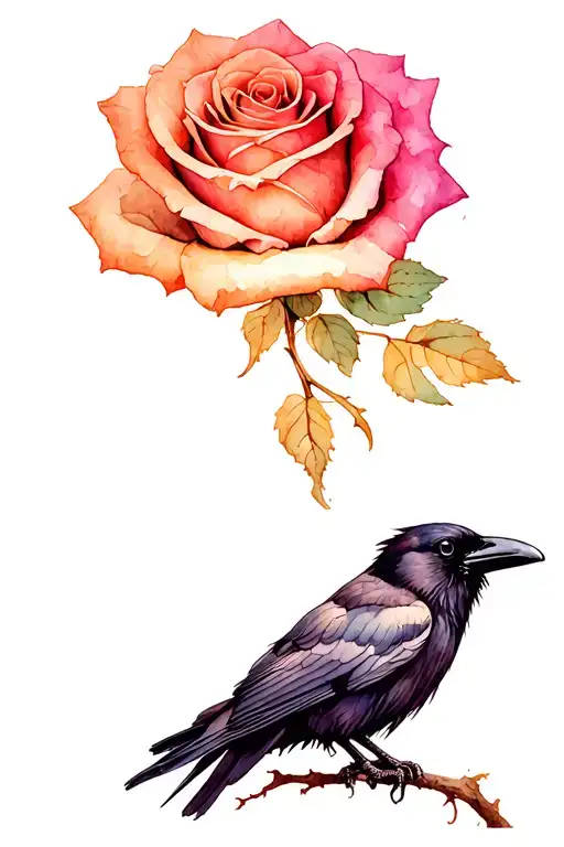 raven perched in front of a rose intertwined, dark tower behind tattoo design idea