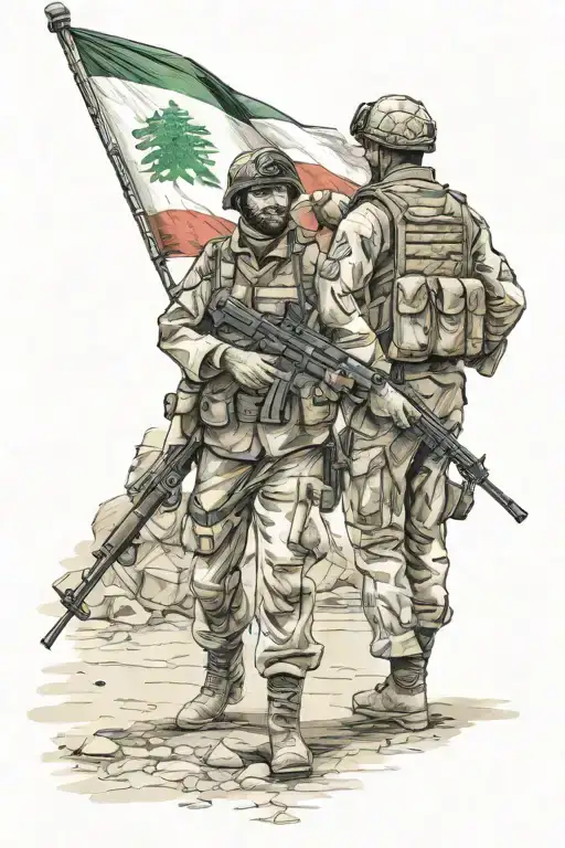 middle eastern soldiers holding Lebanese and palastine flag tattoo design idea