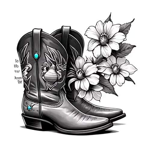 cowboy boot with marine corps emblem with flowers on top and a spur with turquoise stones tattoo design idea