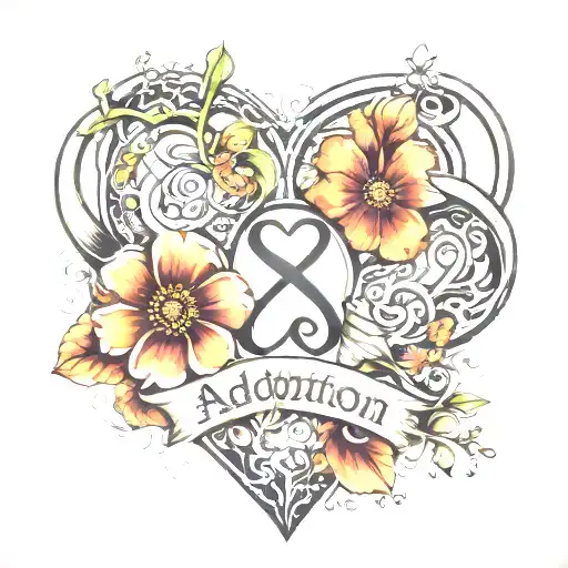 Infinity symbol with adoption symbol inside of a blooming heart with 2 names and 1 date tattoo design idea