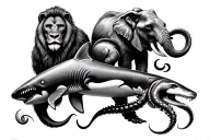 Chest tattoo that contains one lion, bear, gorilla, elephant, great white shark, killer whale, alligator, and octopus tattoo design idea