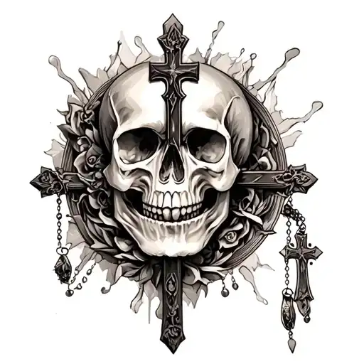 skull with a rosary cross surrounded tattoo design idea